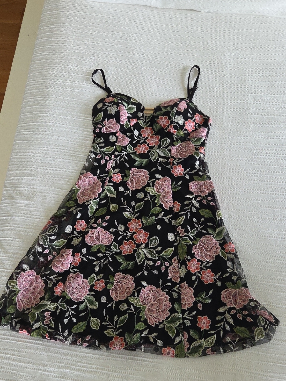 Guess Black Slip Dress with Pink Floral Embroidery
